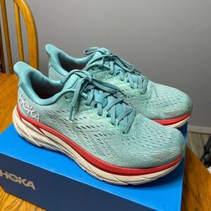 Hoka Clifton 8 Women's Aqua and Coral Athletic Shoes